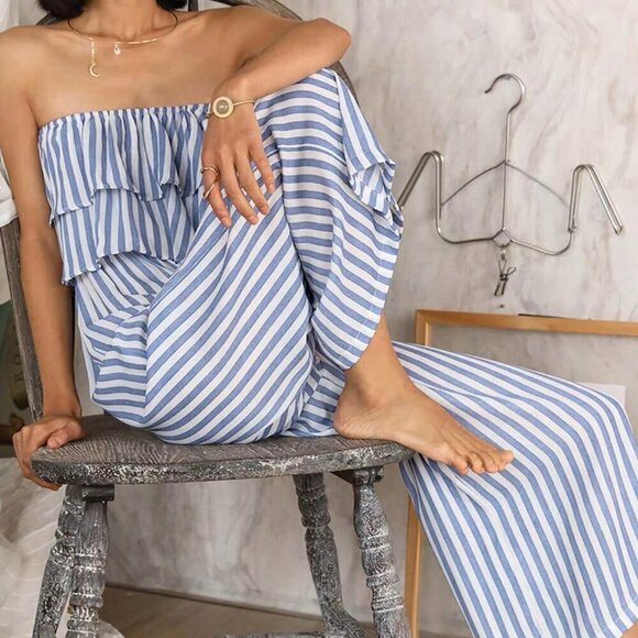 Pants - Blue and White Boho Women's Striped Strapless Wide Leg Jumpsuit With Ruffled